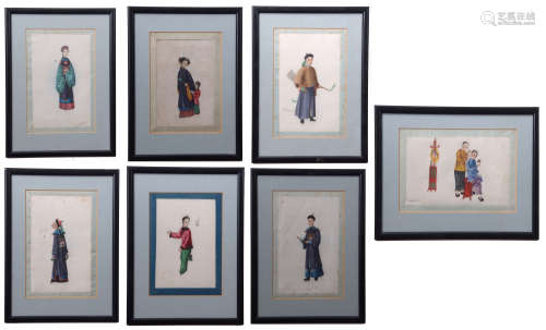 Group of seven Chinese watercolours, late 19th/early 20th century, featuring a family scene, an
