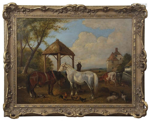 Attributed to John Frederick Herring (1795-1865) Farmstead with horses, pigs and cattle etc oil on