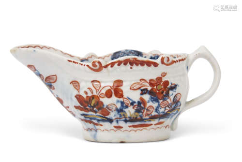 Small Lowestoft porcelain sauce boat, decorated in underglaze blue with the two porter landscape
