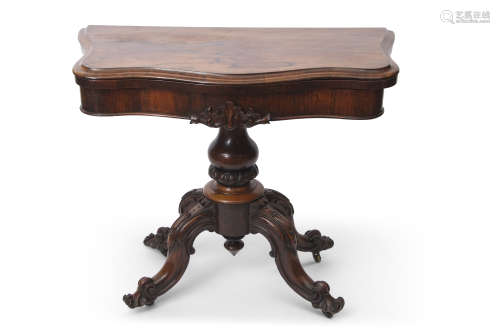 19th century rosewood fold-over card table with fitted aubergine baize interior on a turned urn