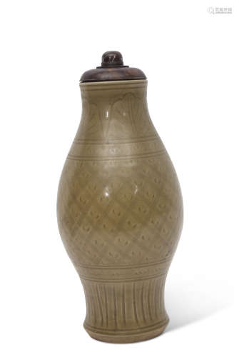 Longquan celadon vase, possibly Ming dynasty, of ovoid form with diamond diaper pattern within a