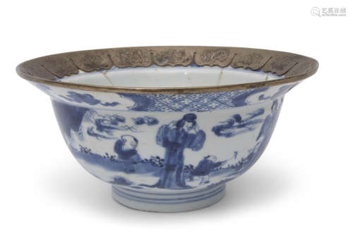 Chinese 18th century blue and white bowl with metal rim, painted with Chinese figures in garden