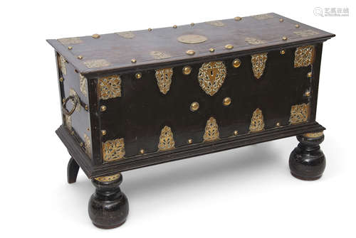 18th century Ceylonese hardwood storage chest with decorative pierced and etched brass mounts with