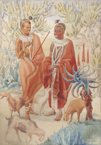 Joyce Ordbrown (1894-1974) Native figures with goats watercolour, signed lower right, 53 x 37cm,