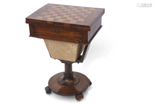19th century walnut games/sewing table with inlaid chequerboard top which folds over to reveal a