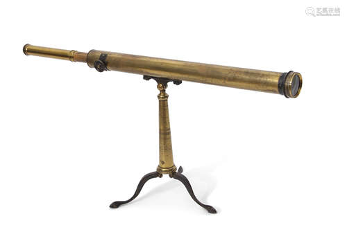 Early 20th century brass astronomical telescope with single draw on tapering brass column to a