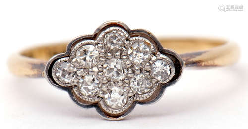 Art Deco diamond cluster ring, a shaped oval design featuring nine single cut diamonds, stamped