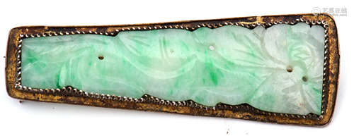 Antique Chinese carved jade brooch, the elongated shaped panel carved with a foliate and squirrel