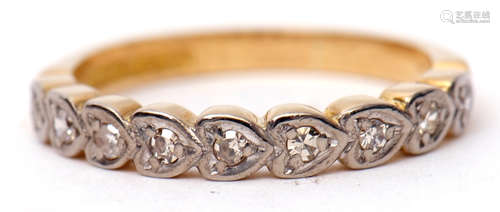 18ct gold diamond half eternity ring featuring nine small diamonds, each in heart shaped engraved