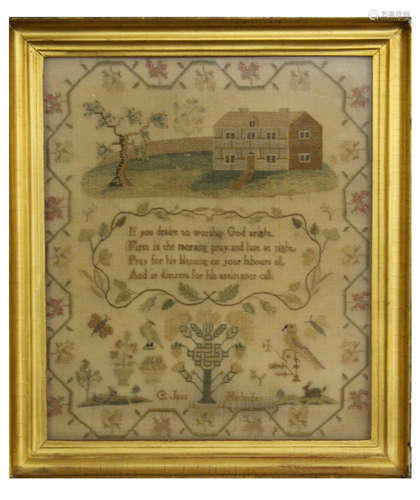 E Jane Holmden (1814) silk work sampler featuring a country house to top above a religious verse