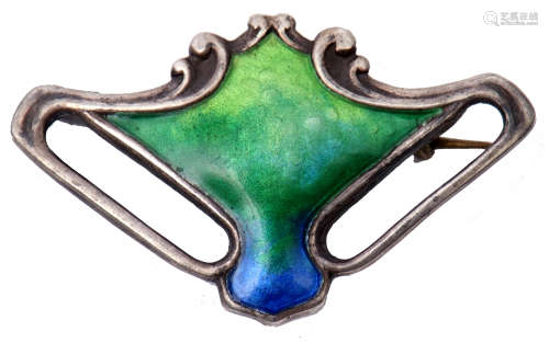 Art Nouveau silver and enamel brooch, a stylised vase shape with open work sides with green and blue