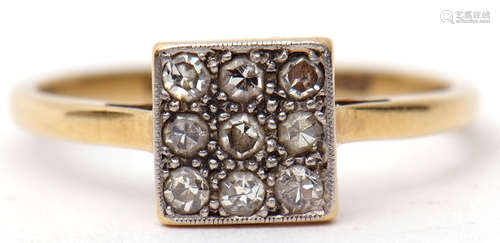 Art Deco diamond cluster ring featuring a square panel set with nine small diamonds, panel size