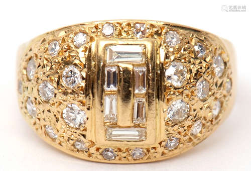 Mixed cut diamond cluster ring, the centre decorated with six graduated baguette cut diamonds, the