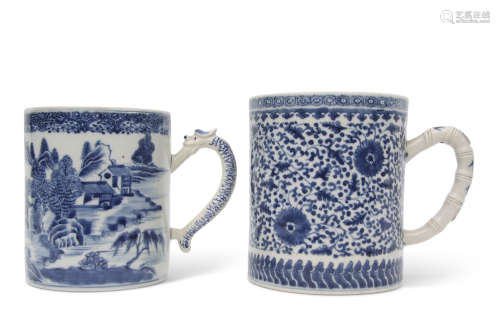 Two 18th century Chinese porcelain tankards, the larger with Ming style scrolling design, together