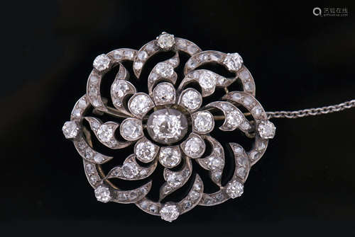 Victorian diamond brooch/pendant, circa 1880, of open work design, the old brilliant cut diamond