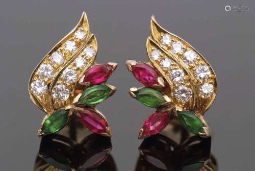 Pair of diamond, ruby and emerald cocktail earrings, each featuring nine graduated diamonds, two