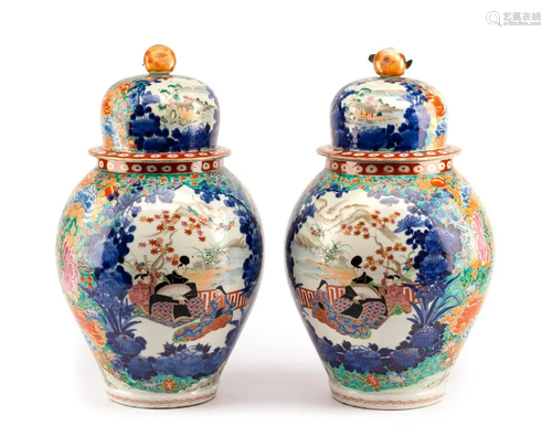 A Pair of Japanese Kutani Porcelain Covered Jars