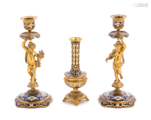 A Pair of Champleve Decorated Gilt Bronze Figural