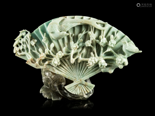 A Chinese Apple Green and Celadon Jadeite Fan-Form