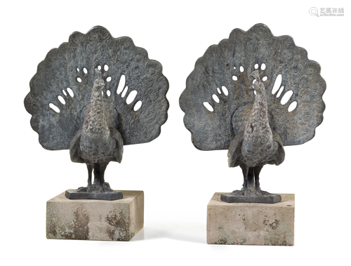 A Pair of Lead Figures of Peacocks Height overall 28