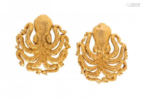 LALAOUNIS, YELLOW GOLD OCTOPUS EARCLIPS