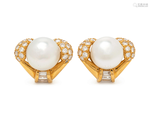 CULTURED PEARL AND DIAMOND EARCLIPS