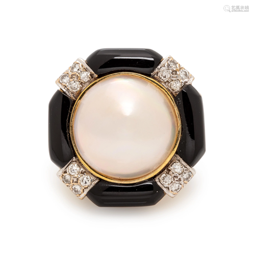 CULTURED MABE PEARL, ONYX AND DIAMOND RING