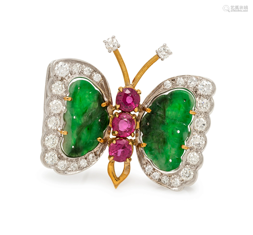 DIAMOND, JADE AND RUBY BUTTERFLY BROOCH