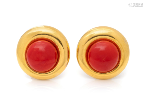 YELLOW GOLD AND CORAL EARCLIPS