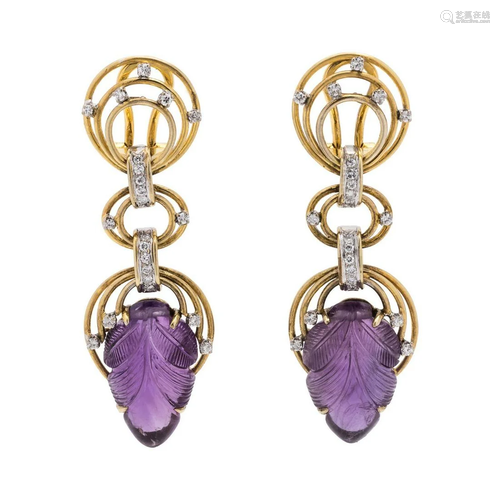 RETRO, AMETHYST AND DIAMOND EARCLIPS