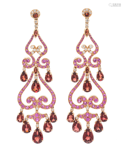 GARNET, PINK SAPPHIRE AND DIAMOND EARRINGS