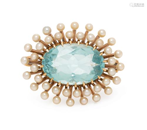 AQUAMARINE AND SEED PEARL BROOCH