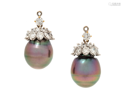 CULTURED TAHITIAN PEARL AND DIAMOND EARRI…