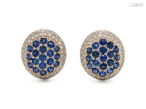 MOUAWAD, DIAMOND AND SAPPHIRE EARCLIPS