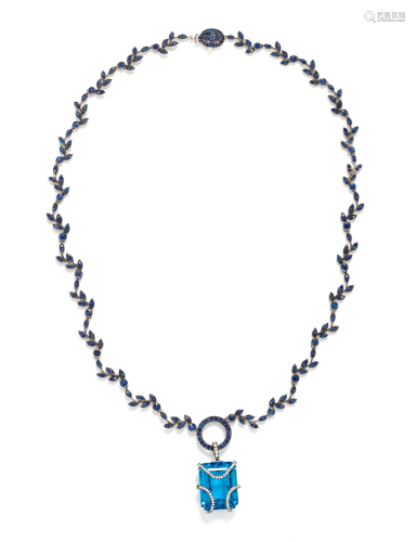 BLUE TOPAZ, DIAMOND AND SAPPHIRE NECKLACE