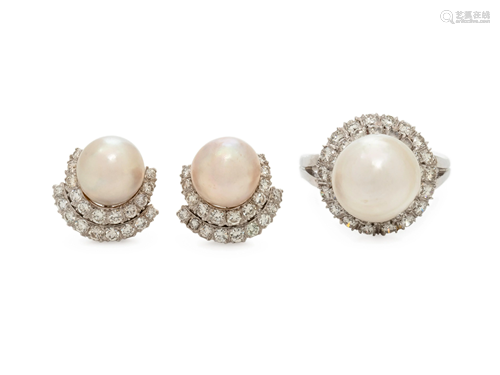 CULTURED PEARL AND DIAMOND SET