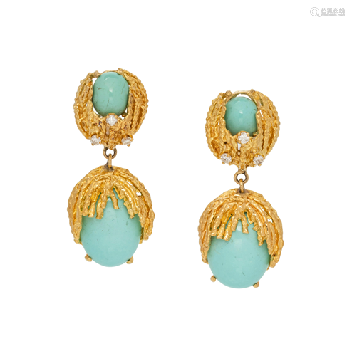 TURQUOISE AND DIAMOND EARCLIPS