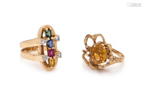 COLLECTION OF YELLOW GOLD GEMSTONE RI…