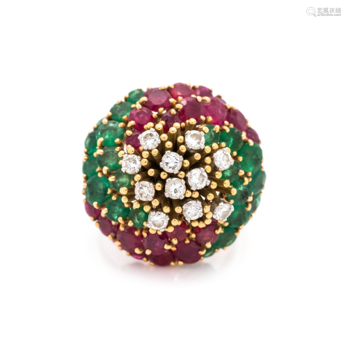 DIAMOND, RUBY AND EMERALD RING