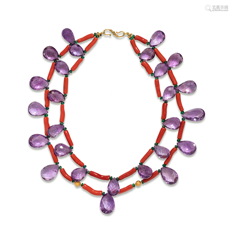 AMETHYST, CORAL AND EMERALD BEAD NECKLACE