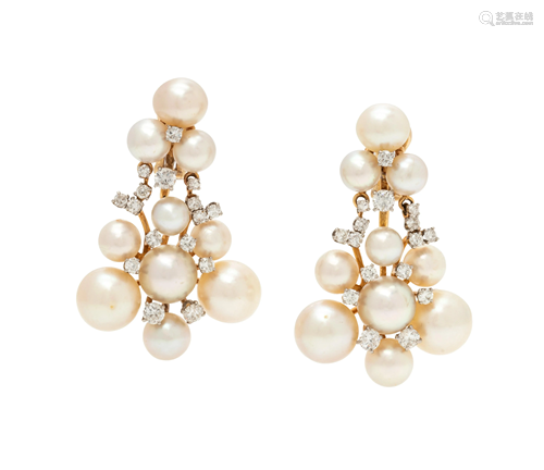 CULTURED PEARL AND DIAMOND EARCLIPS