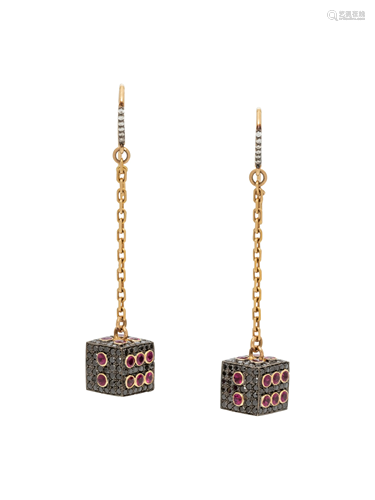 BLACK DIAMOND AND RUBY DICE EARRINGS