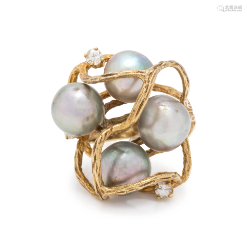 BRUTALIST, CULTURED PEARL AND DIAMOND RING