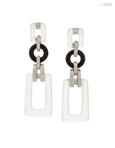 ROCK CRYSTAL, ONYX AND DIAMOND EARRINGS