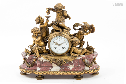 A French Gilt Bronze and Marble Mantel Clock