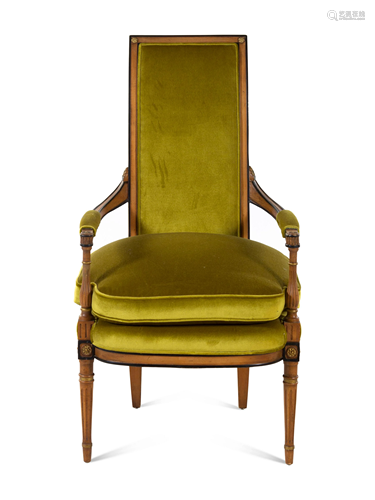 A Louis XVI Style Parcel Ebonized Walnut Fauteuil