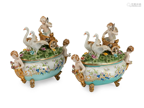 A Pair of Italian Porcelain Figural Covered Ture…