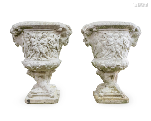 A Pair of Cast Stone Campana-form Urns