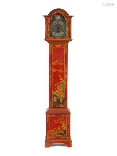 A George III Style Red Lacquered Chinoiserie Tall Case