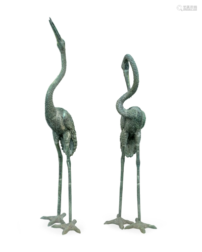 A Pair of Bronze Models of Cranes Height of taller, 74